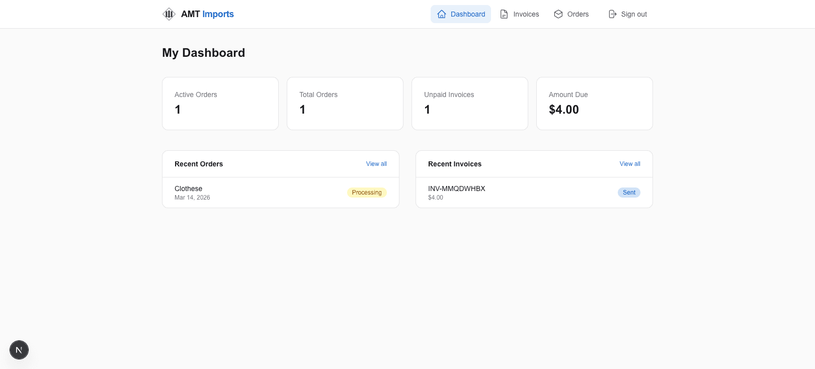 AMT client portal dashboard showing orders and invoices